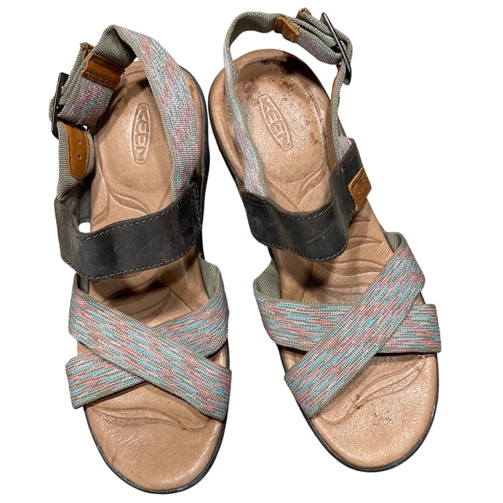 Keen Wedge Sandals Womens 5 Leather Woven Strappy Brown Multicolor Comfort